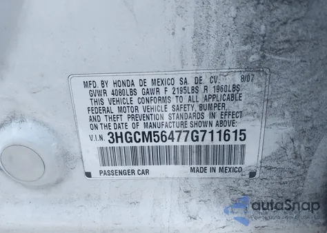 2007 Honda Accord 2.4 Lx z USA, uszkodzony, nr VIN 3HGCM56477G711615